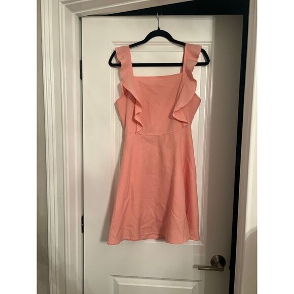 Shein Peach Pink Square Neck Ruffle Shoulder Mini Bow Back Dress XS - Picture 2 of 4
